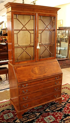 Gorgeous English George III Style Burled Inlaid Yew Wood Secretary Desk Cover
