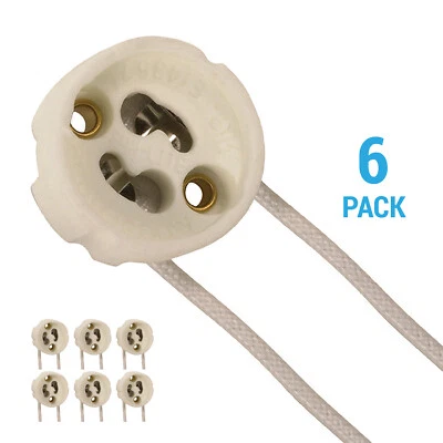 6 Pack Ceramic GU10 LED Halogen Light Socket With 8" Inch Wires Leads - Image 1 of 4