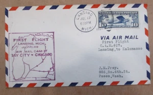 AIR MAIL CACHET 1928 "FIRST FLIGHT C.A.M. 27 LANSING-KALAMAZOO-BAY CITY-CHICAGO" - Picture 1 of 4