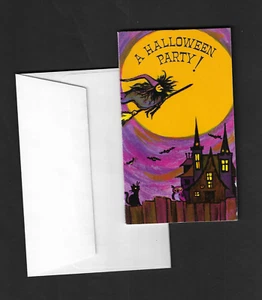 unused vtg 1970s Charm Invited HALLOWEEN PARTY! Card Flying Witch House Cat Owl - Picture 1 of 4