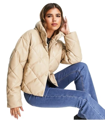 Stradivarius Faux Leather Padded Puffer Jacket Beige Women’s UK Size XS - Image 1 of 4