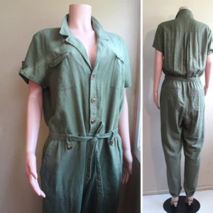 Rosie Riveter H&M Utility Jumpsuit L Linen Blend Khaki Green SS Button Pockets - Picture 1 of 9