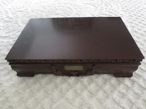ANTIQUE Carved SOLID WOOD Velvet-Lined FLATWARE CHEST - 19.5" x 11.5" x 5" - Picture 1 of 9