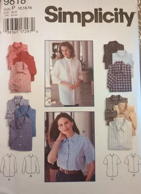 1996 SIMPLICITY Sewing Pattern #9818 Misses' SHIRTS size 12-14-16  UC/FF - Image 1 of 4