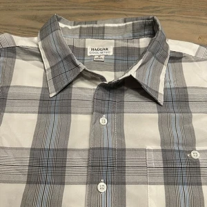 Haggar Cool 18 Tec White Blue Plaid Shirt Mens XL Button Up Short Sleeve - Picture 1 of 17
