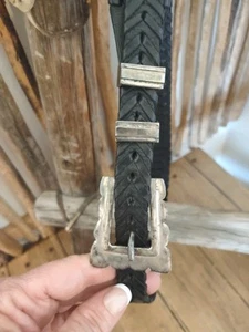 signed Sterling Buckle 4 pc set on Mexico black braided Leather Belt Size 28 - Picture 1 of 16