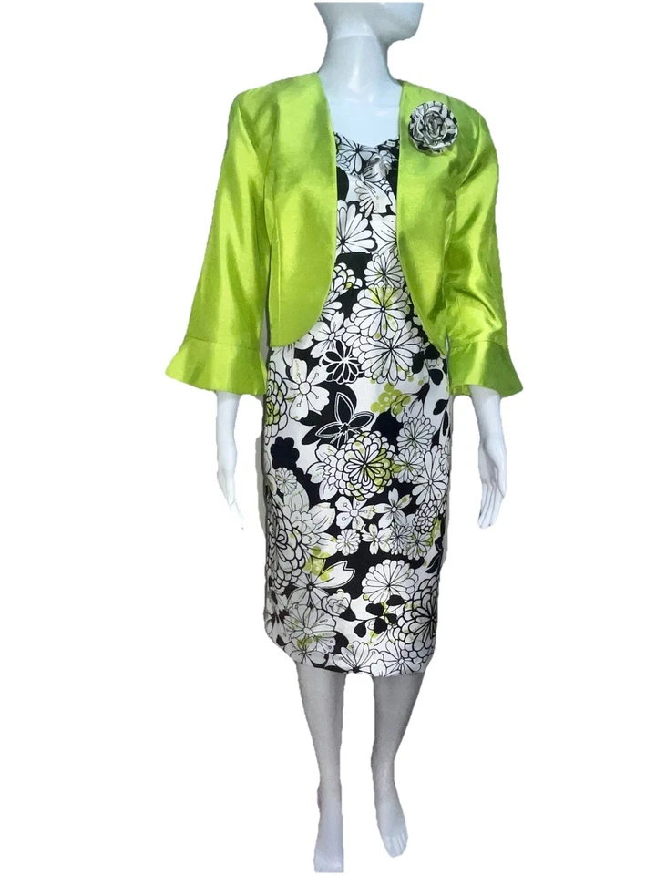 Dana Kay Green Jacket & White/Black Sheath Dress Suit Size 8 Church Suit Bust 38 - Image 1 of 4