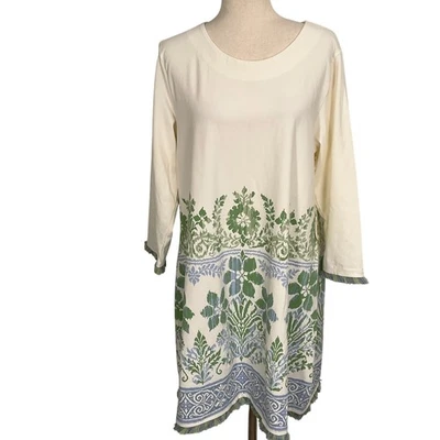 Spartina 449 Island Dress Women XLarge Beige Blue Peeples Song Floral Fringe - Image 1 of 4