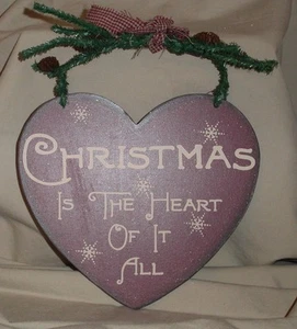 CHRISTMAS IS THE HEART OF IT ALL Heart Shaped Hanging Wood Plaque 6.75" x 6" - Picture 1 of 1