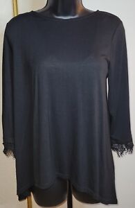 The Look Women’s Size XL Tunic Top Blouse Fringed 3/4 Sleeves Black Stretchy