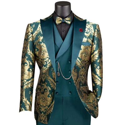 VINCI Men's Emerald & Gold Jacquard 3pc Modern Tuxedo w/ Bow-Tie - NEW - Image 1 of 4