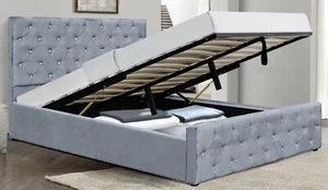 Cama otomana de terciopelo cepillado diamante Chesterfield en gris INDIVIDUAL DOBLE REY - Imagen 1 de 3
