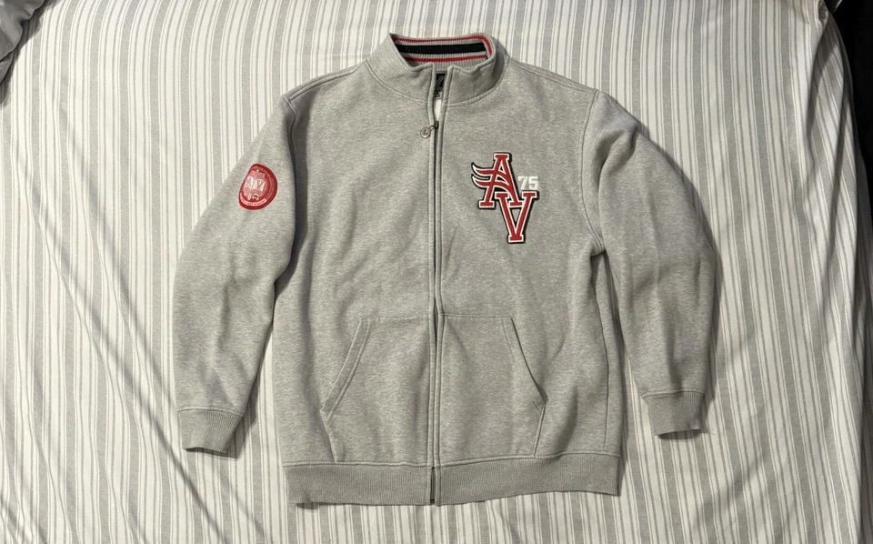 Moletom masculino Avirex zíper completo casual peso pesado lã cinza tamanho M ponto de remendo - Imagem 1 de 4