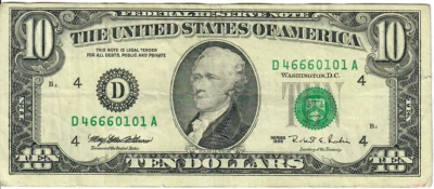 1995 10$ FRN - Small portrait w/ security thread - MEW/RER D46660101A - #15238 - Image 1 of 2