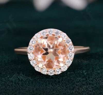 Delicado anillo de compromiso único enchapado en oro rosa de 14 quilates de plata 925 de morganita redonda Foto 1 de 4