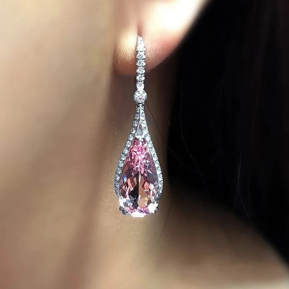 4Ct Pear Cut Lab-created Pink Sapphire Drop Dangle Earrings 14K White Gold over - Image 1 of 4