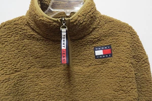 Tommy Jeans Logo Tommy Hilfiger Brown Sherpa Pullover Top 1/4 Zip Women MED NWT - Picture 1 of 7