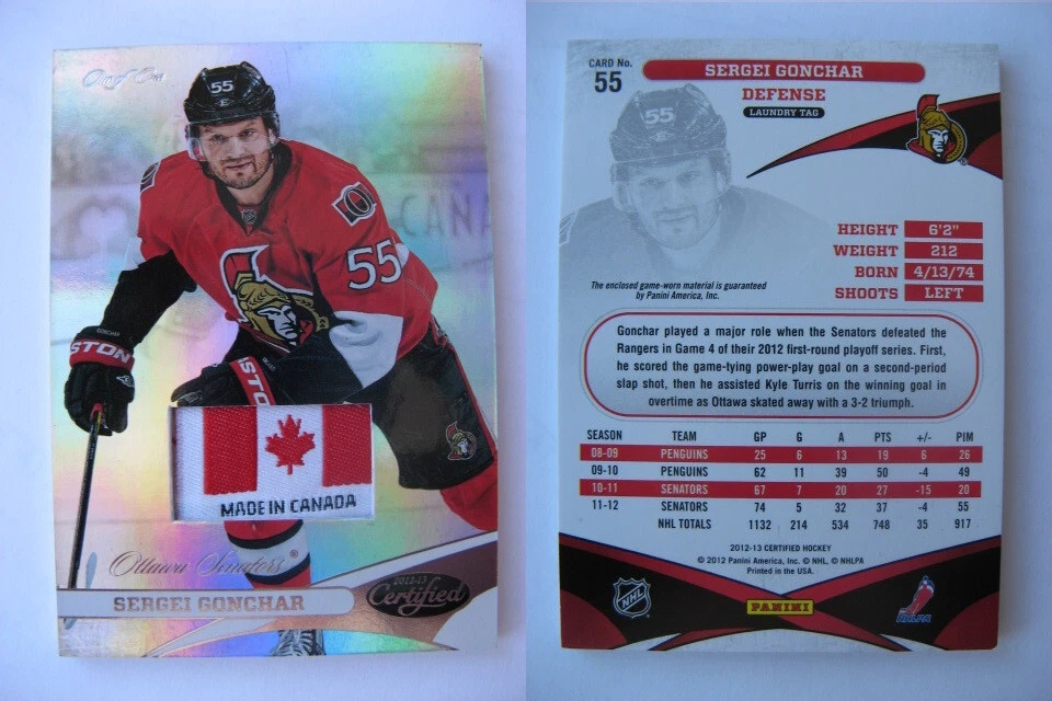 Etiqueta de hielo espejo certificado Panini 2012-13 #55 Sergei Gonchar 1/1 bandera de Canadá Foto 1 de 1