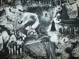 WICKED HAUNTED HOUSE BATS SKULLS CROWS GHOST SPIDERS CANDLES COTTON FABRIC FQ - Picture 1 of 7