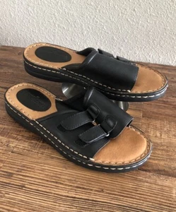 Women’s Minnetonka sandals slides black leather adjustable SZ 7, 1 1/4” Heel EUC - Picture 1 of 16