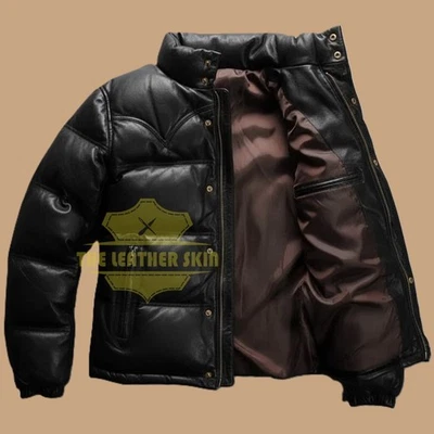 Men's Black Puffer Jacket Genuine Leather Lambskin Quilted Down Puffer Jacket - Image 1 of 4