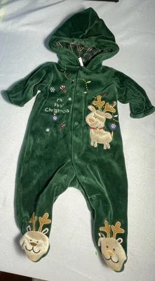 Bebé Primera Navidad Pijama Terciopelo Verde 0-3 Meses Unisex Una Pieza Mameluco Foto 1 de 4
