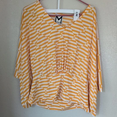 Marc Bouwer Women's Med Retro Disco Boho Yellow Flowy Cold Shoulder Top Stretch - Image 1 of 4