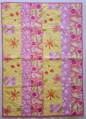 Pottery Barn Kids Blanket Pink Yellow Crib Quilt Toddler Floral Tulip 35"x 48" - Image 1 of 4