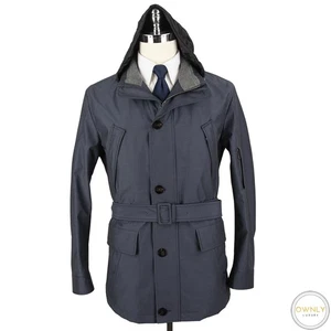 NWOT CURRENT Isaia Blue Wool Nylon Pin Check Belted Hooded Jacket 42R - Picture 1 of 12