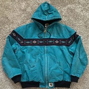 VTG Carhartt J79 AQU Men’s XL Aztec Hooded Full Zip Jacket Aqua 90s Southwestern - Picture 1 of 11