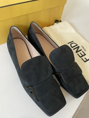 Nuevo en caja Mocasines Fendi Negro Gamuza Cuero Planos 39 Logo Foto 1 de 4