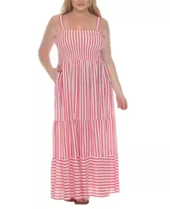 Raviya Plus Size Striped Tiered Maxi Cover-Up Dress, Pink, 1X - Picture 1 of 1