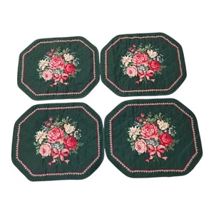 4 Floral Green Cotton Quilted Table Placemats & 4 Napkins Shabby Chic z7 - Picture 1 of 5