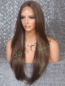 Heat ok Human hair Blend Full LACE FRONT WIG Long Silky Straigt Brown mix JSLY - Picture 1 of 7
