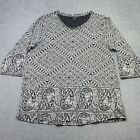 Lucky Brand Top Women 1X Black White Paisley Floral 3/4 Sleeve Tunic Casual Plus