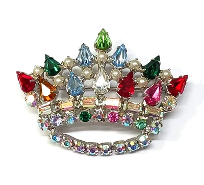 B David Mother's Crown Pin Brooch Multi Color Rhinestone Faux Pearl Silver Tone - Image 1 of 4