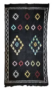 Vtg Turkish Kilim Tribal Floor Wool Area Rug 68 x 111" Black Tribal w/ Diamonds - Picture 1 of 8