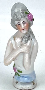 Half Doll Pin cushion Gray Hair Black Eyes 3" Tall sew on Antique porcelain - Picture 1 of 7