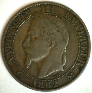 1862 K France Bronze 5 Centimes Coin Extra Fine Circulated Napoleon III Ruler - Picture 1 of 2