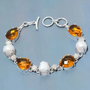 White Pearl Citrine Quartz Gemstone Silver Plated Jewelry Bracelet 7-8" - Picture 1 of 1