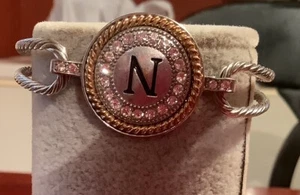 Monogram Initial ‘N’ W/ Diamonds Bangle Bracelet Sliver Tone Sz 8” magnetic snap - Picture 1 of 7