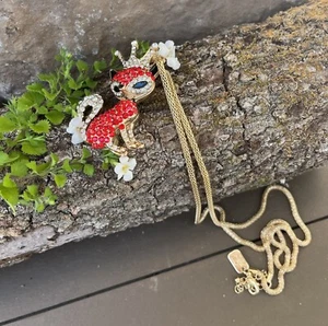 Off Park Collection Red Rhinestone Fox Pendant Necklace 35” Adjustable Chain - Picture 1 of 4