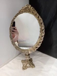 Magnificent Antique Mirror Oval Swivel On Foot Spelter Weathered Bronze Vintage - Picture 1 of 14