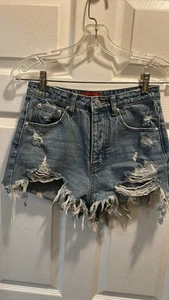 Signature 8 Shorts Womens Small Blue Button Fly Cut Off Distressed Denim Preppy - Picture 1 of 8