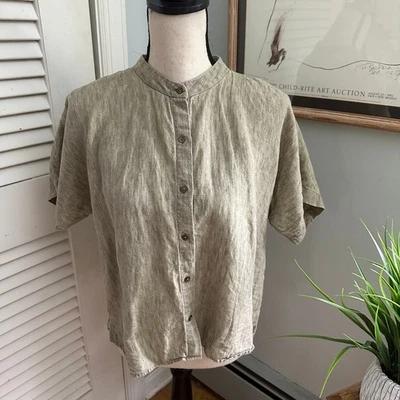 Blusa feminina EILEEN FISHING pequena marrom média linho orgânico botão para baixo Lagenlook - Imagem 1 de 4