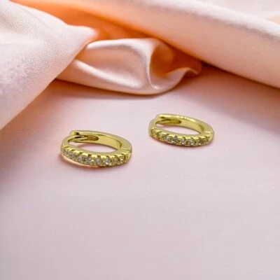 Pave Womens Hoop Earrings, Minimalist Huggie Hoops 12mm, Everyday Wear. - Image 1 of 4