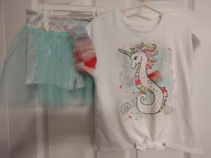 2 Summer Shirts Unicorn Seahorse & Fish & Shorts W/ Tulle Overlay Girl's Size 5  - Picture 1 of 17