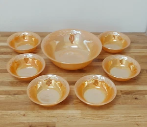 Vintage Anchor Hocking Fire King Peach Lustre Serving Bowl & 6 Small Bowls - Picture 1 of 5