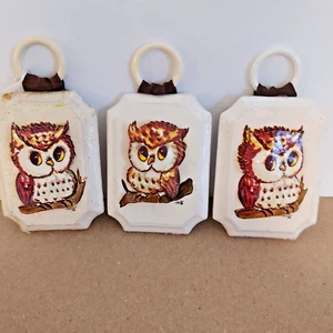 Vintage Lot of 3 Thayer Owl Small Wooden Plaque Hand Painted 3-D Cottage Core - Picture 1 of 6