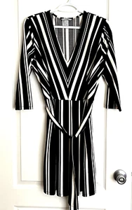 H&M H & M Black Beige Striped Deep V Belted Stretch Dress Sz M Medium - Picture 1 of 2